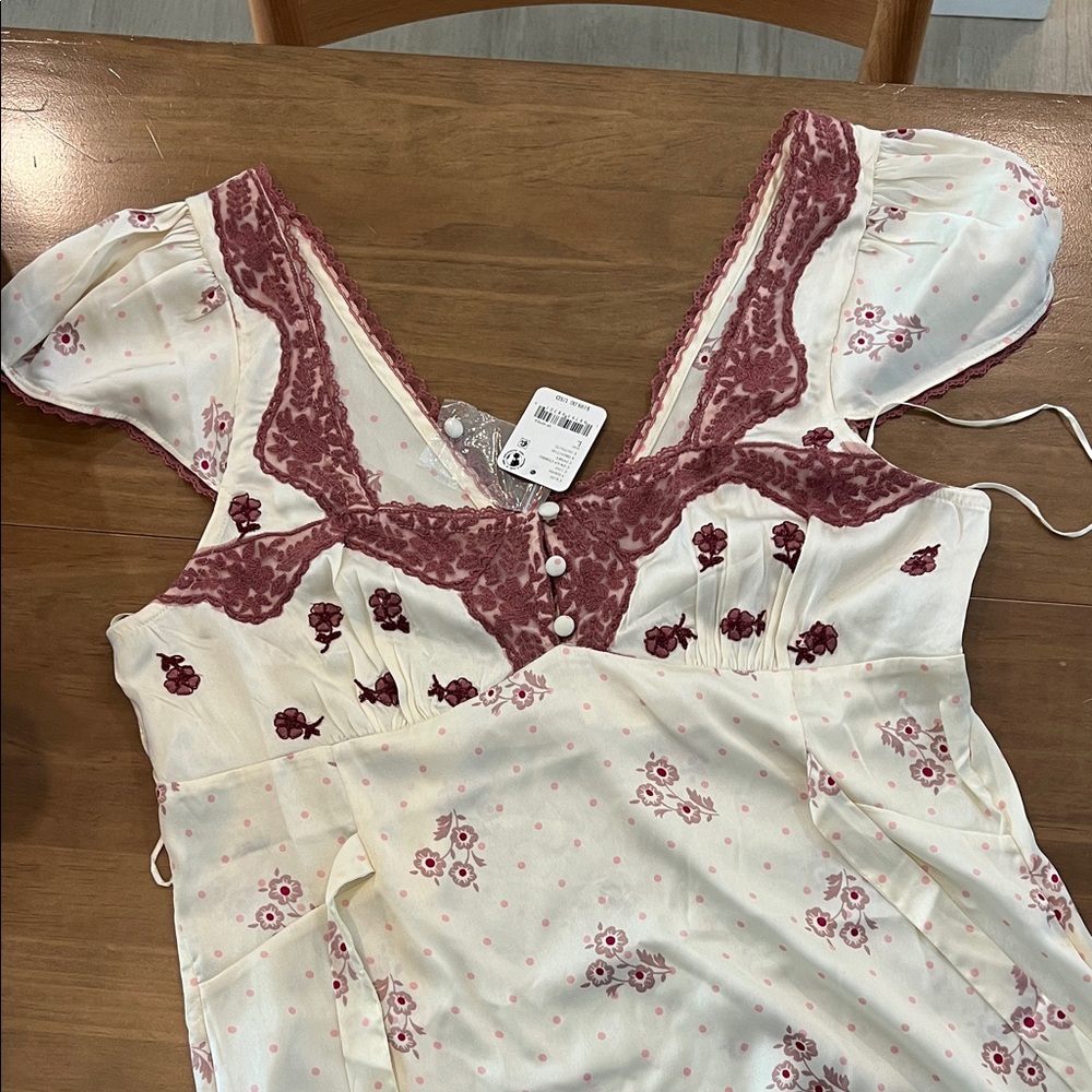 Free People Ivory Chemise with Mauve Lace & Floral Print